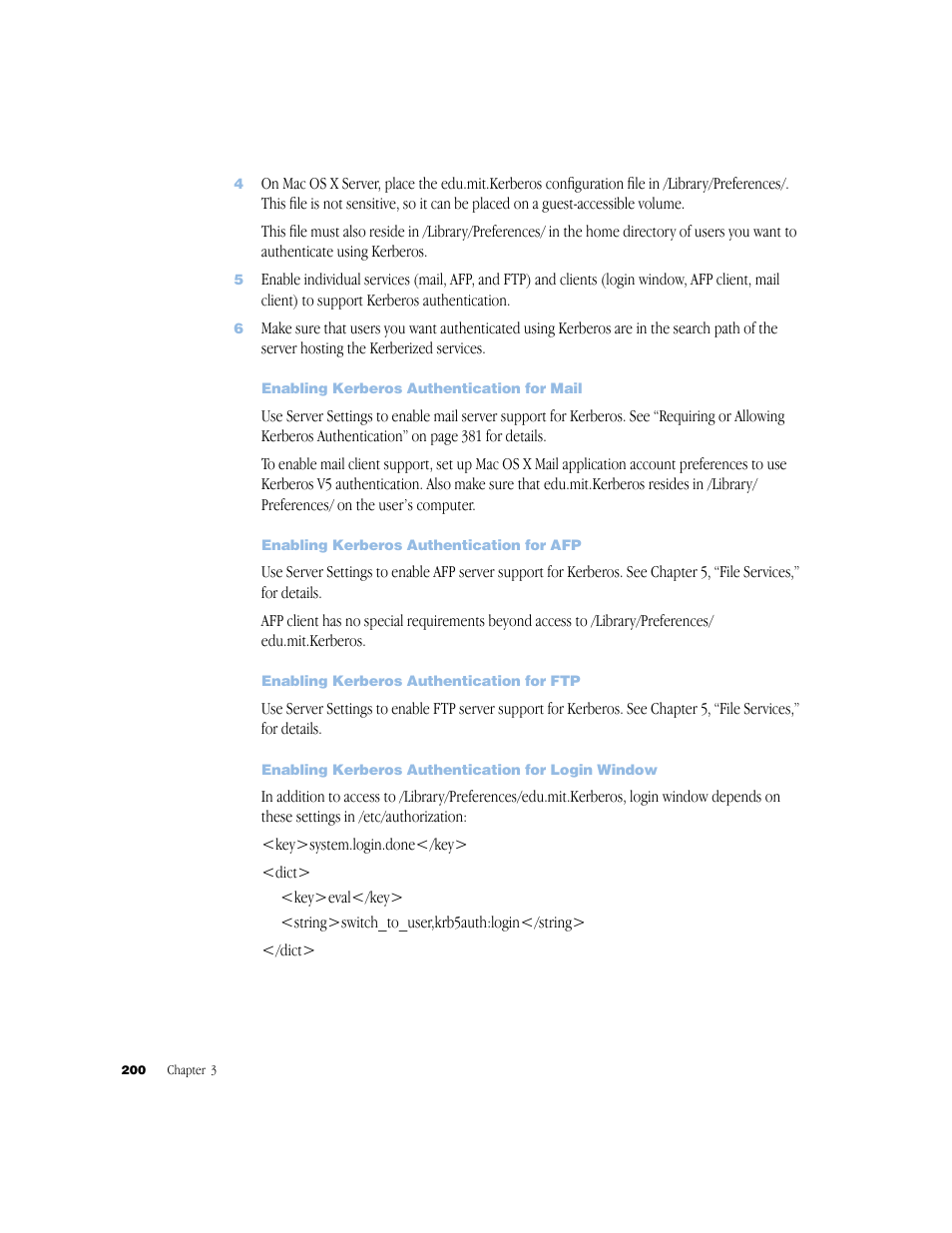 Enabling kerberos authentication for mail, Enabling kerberos authentication for afp, Enabling kerberos authentication for ftp | Enabling kerberos authentication for login window | Apple Mac OS X Server (Administrator’s Guide) User Manual | Page 200 / 622