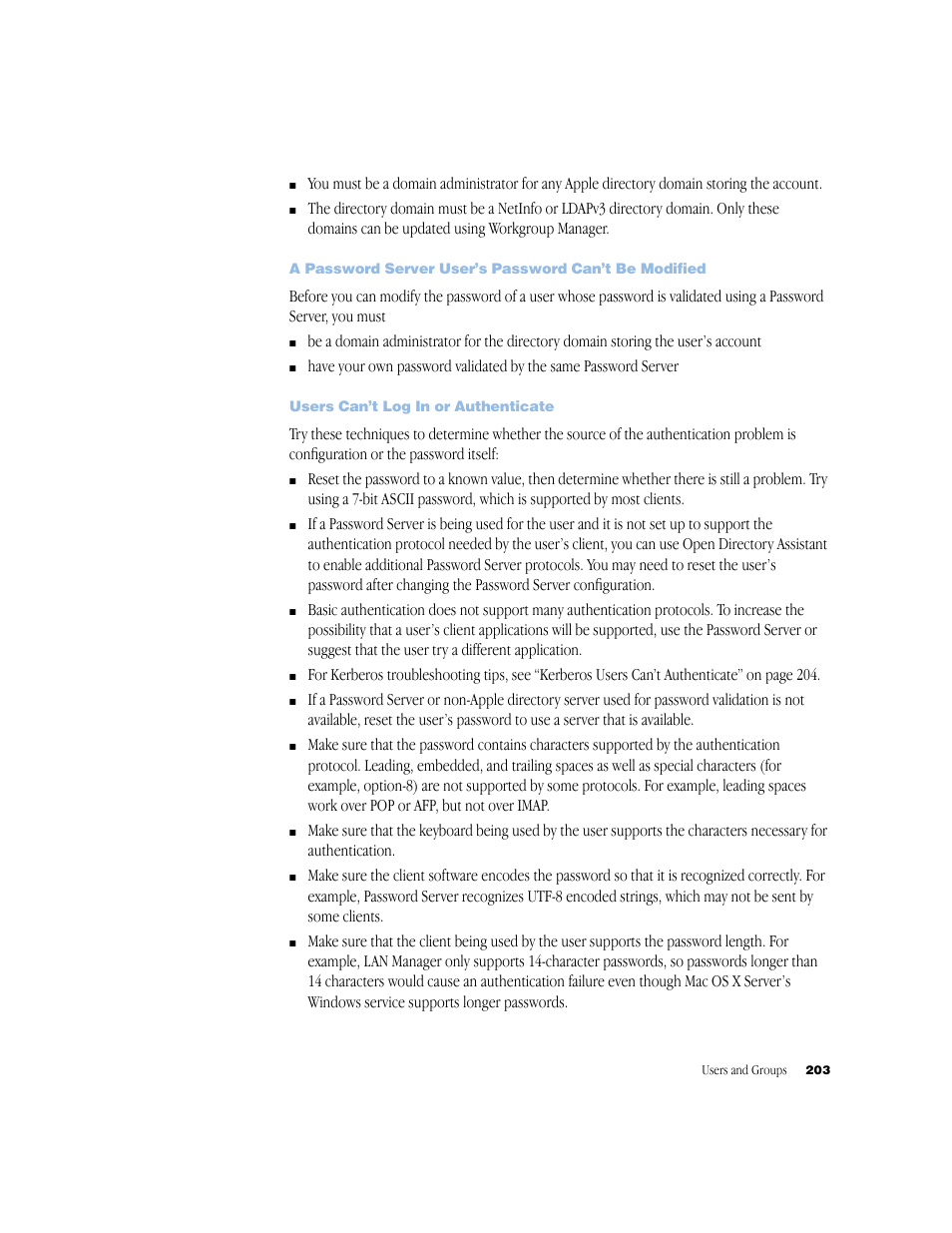 Users can’t log in or authenticate | Apple Mac OS X Server (Administrator’s Guide) User Manual | Page 203 / 622
