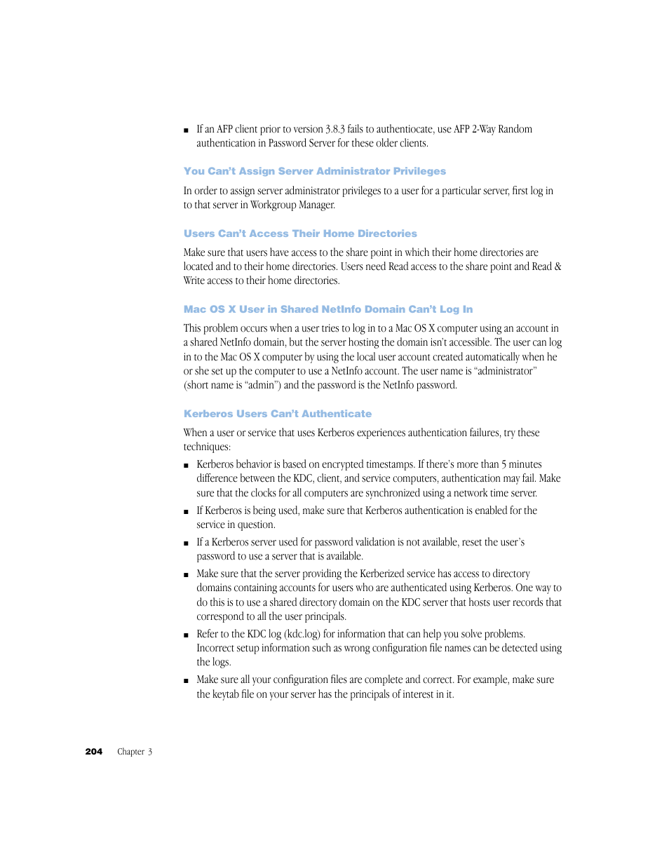 You can’t assign server administrator privileges, Users can’t access their home directories, Kerberos users can’t authenticate | Apple Mac OS X Server (Administrator’s Guide) User Manual | Page 204 / 622