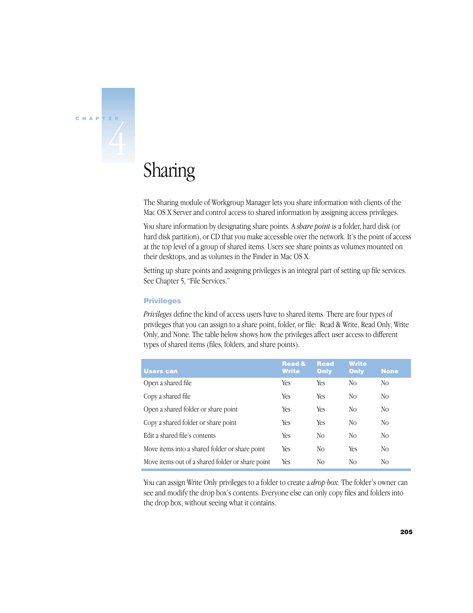 Sharing, Privileges, See chapter 4, “sharing | Uctions, see chapter 4, “sharing | Apple Mac OS X Server (Administrator’s Guide) User Manual | Page 205 / 622