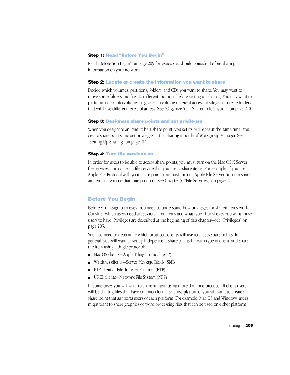 Step 1: read “before you begin, Step 3: designate share points and set privileges, Step 4: turn file services on | Before you begin | Apple Mac OS X Server (Administrator’s Guide) User Manual | Page 209 / 622