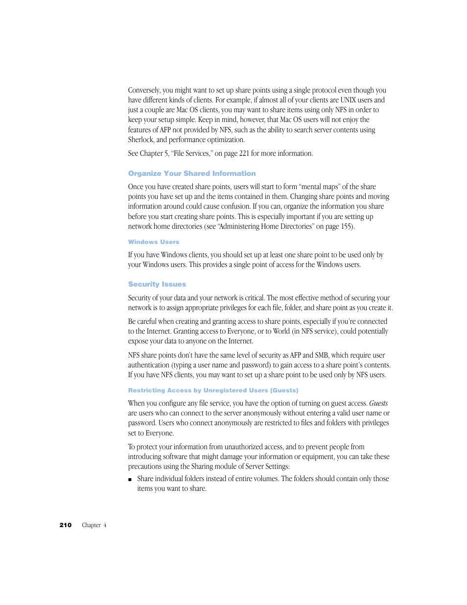 Organize your shared information, Security issues | Apple Mac OS X Server (Administrator’s Guide) User Manual | Page 210 / 622
