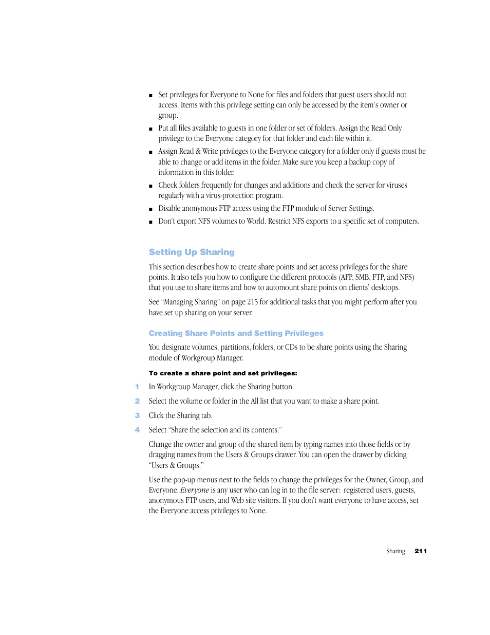 Setting up sharing, Creating share points and setting privileges | Apple Mac OS X Server (Administrator’s Guide) User Manual | Page 211 / 622