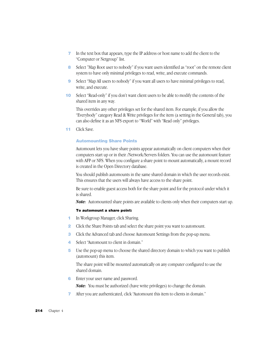 Automounting share points | Apple Mac OS X Server (Administrator’s Guide) User Manual | Page 214 / 622