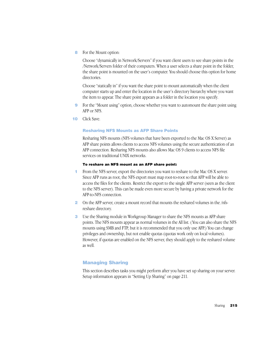 Resharing nfs mounts as afp share points, Managing sharing | Apple Mac OS X Server (Administrator’s Guide) User Manual | Page 215 / 622