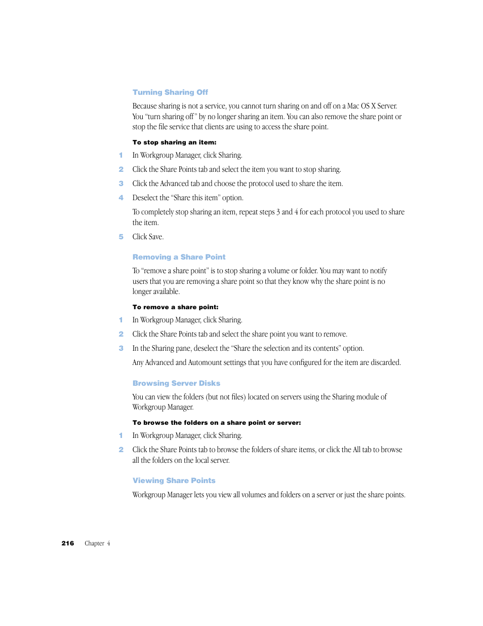 Turning sharing off, Removing a share point, Browsing server disks | Viewing share points | Apple Mac OS X Server (Administrator’s Guide) User Manual | Page 216 / 622