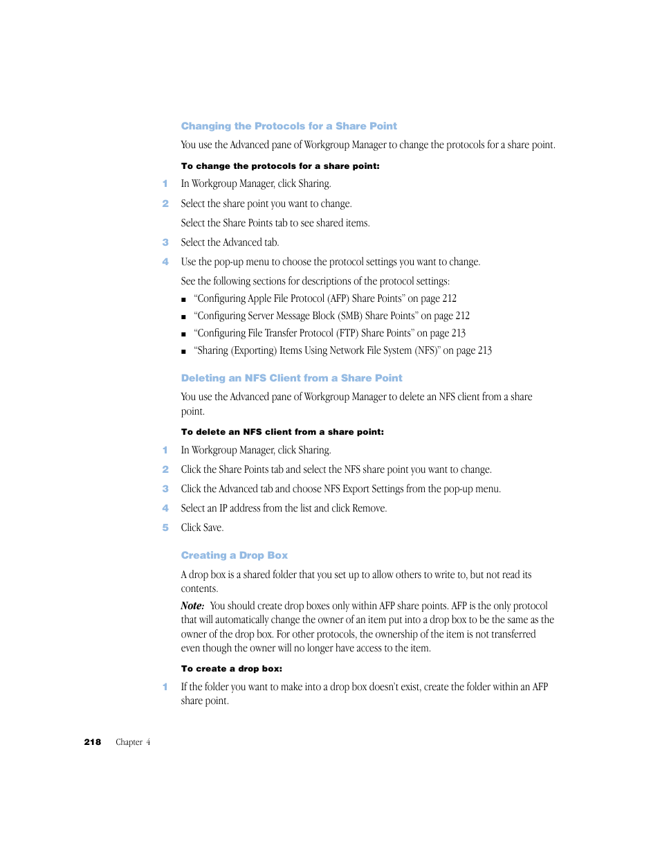 Changing the protocols for a share point, Deleting an nfs client from a share point, Creating a drop box | Apple Mac OS X Server (Administrator’s Guide) User Manual | Page 218 / 622