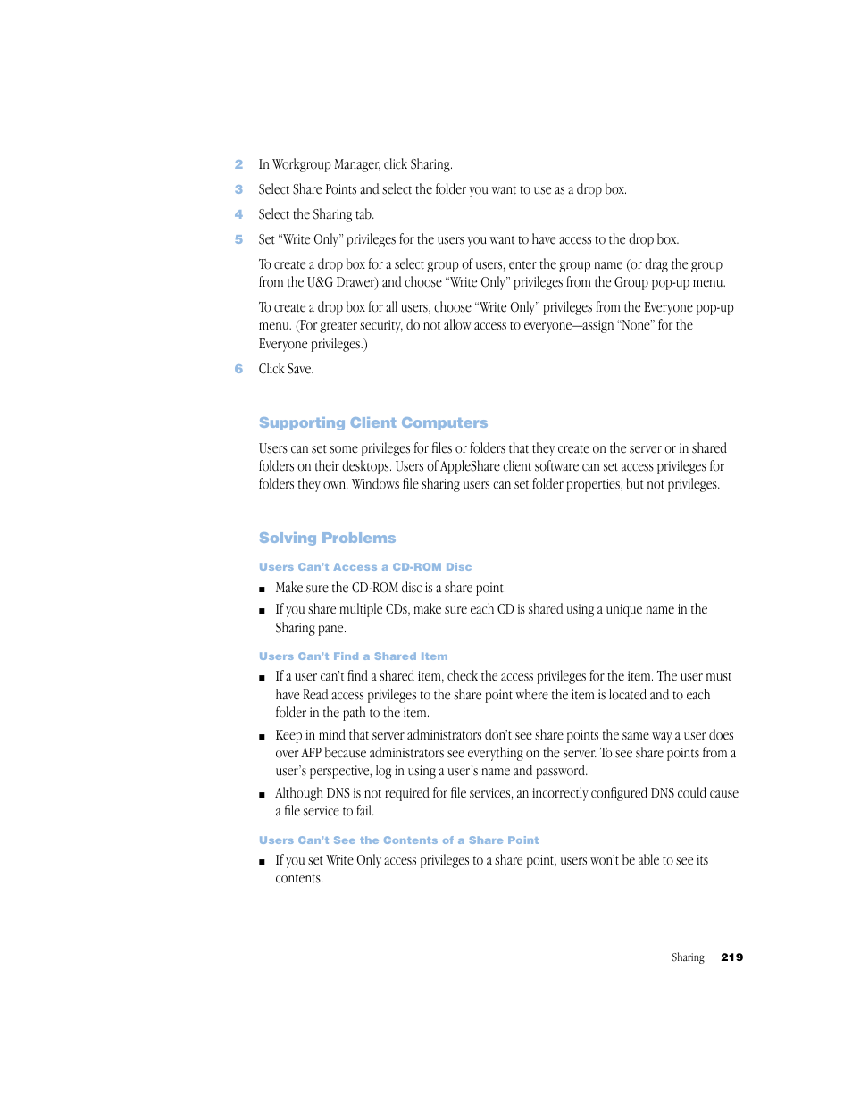 Supporting client computers, Solving problems | Apple Mac OS X Server (Administrator’s Guide) User Manual | Page 219 / 622