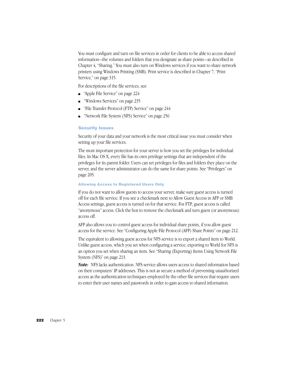 Security issues | Apple Mac OS X Server (Administrator’s Guide) User Manual | Page 222 / 622