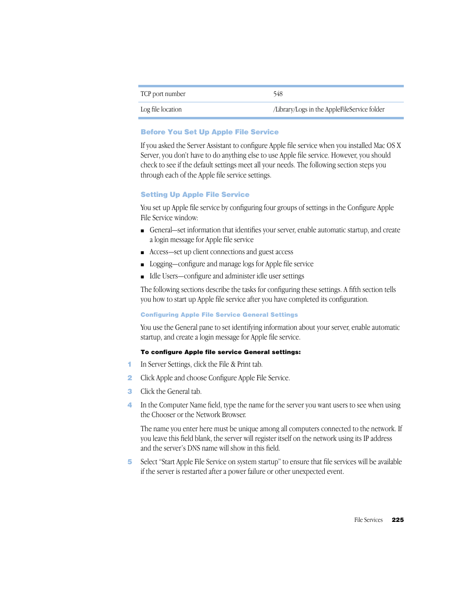 Before you set up apple file service, Setting up apple file service | Apple Mac OS X Server (Administrator’s Guide) User Manual | Page 225 / 622