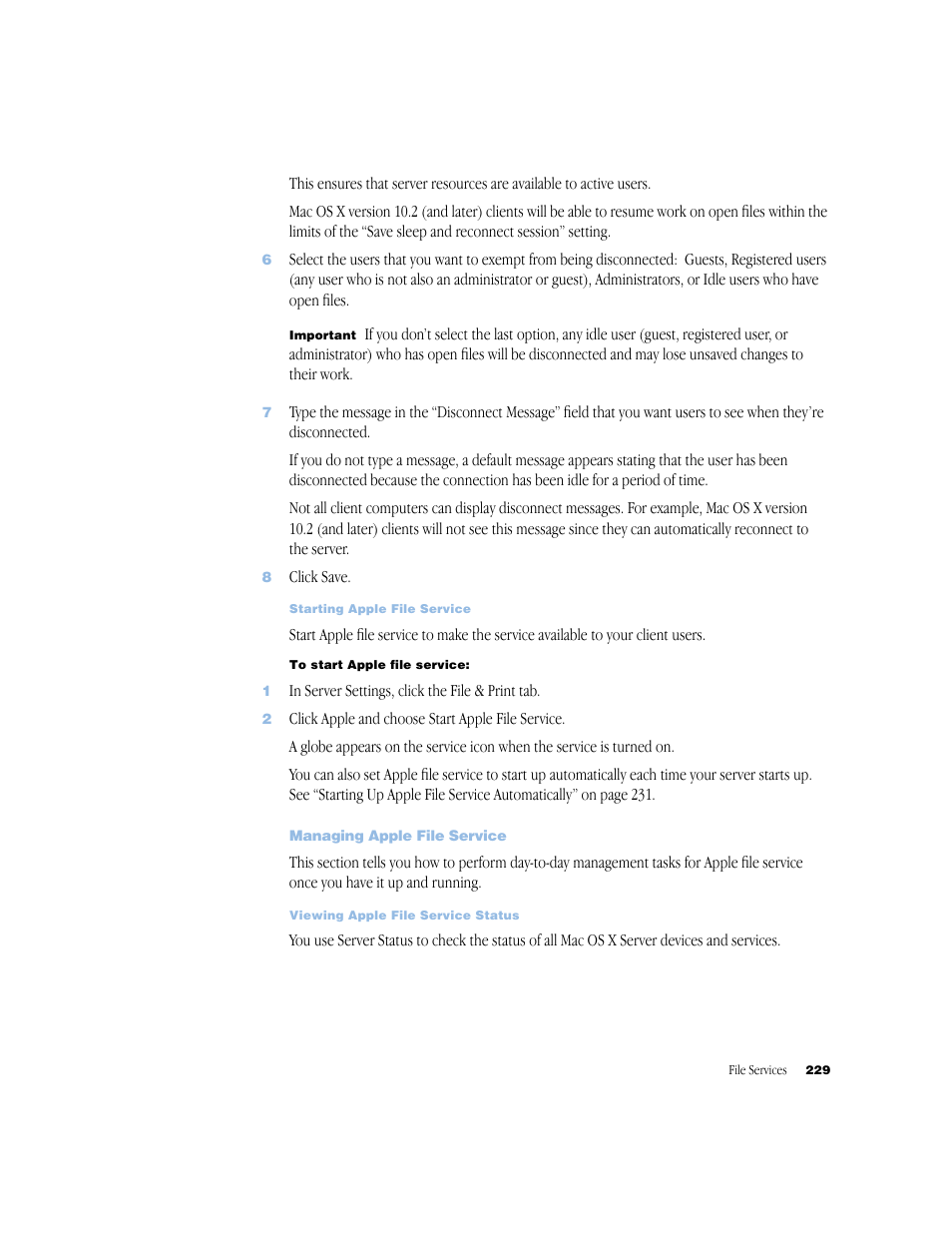 Managing apple file service | Apple Mac OS X Server (Administrator’s Guide) User Manual | Page 229 / 622