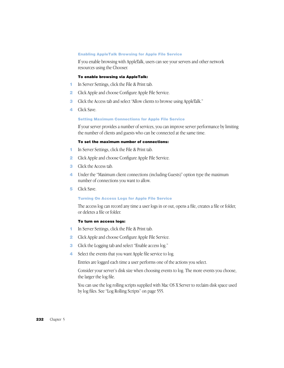 Turning on access logs for apple file service 232 | Apple Mac OS X Server (Administrator’s Guide) User Manual | Page 232 / 622