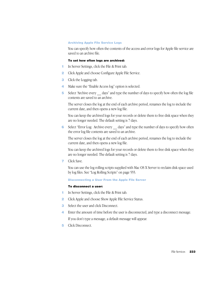 Archiving apple file service logs 233 | Apple Mac OS X Server (Administrator’s Guide) User Manual | Page 233 / 622