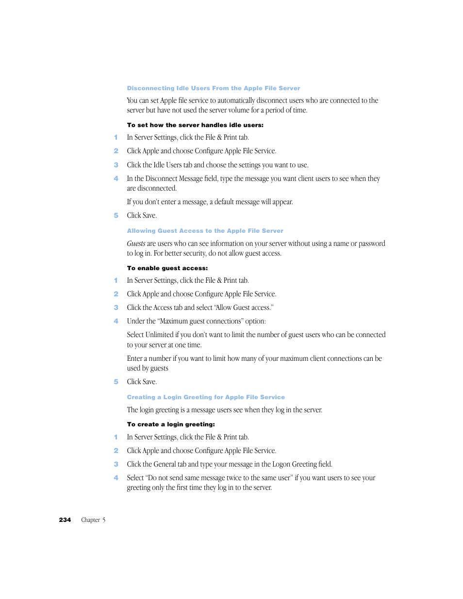Allowing guest access to the apple file server 234 | Apple Mac OS X Server (Administrator’s Guide) User Manual | Page 234 / 622
