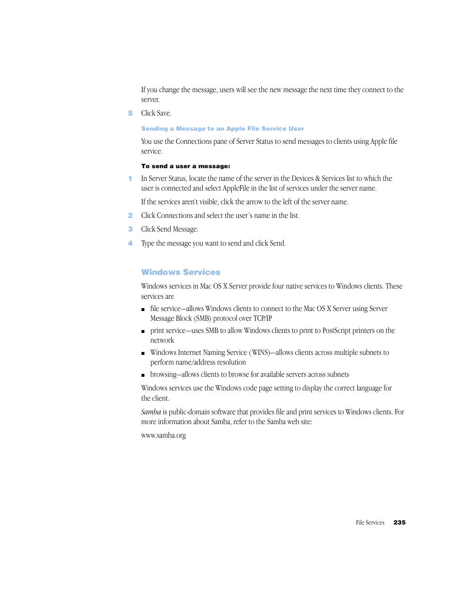 Windows services, Windows services 235 | Apple Mac OS X Server (Administrator’s Guide) User Manual | Page 235 / 622