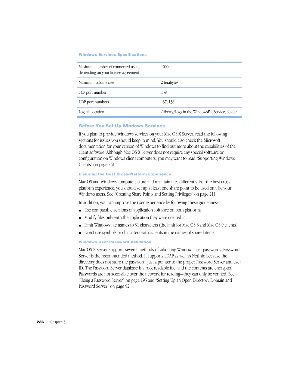 Before you set up windows services, Windows services specifications 236, Before you set up windows services 236 | Ensuring the best cross-platform experience 236, Windows user password validation 236 | Apple Mac OS X Server (Administrator’s Guide) User Manual | Page 236 / 622