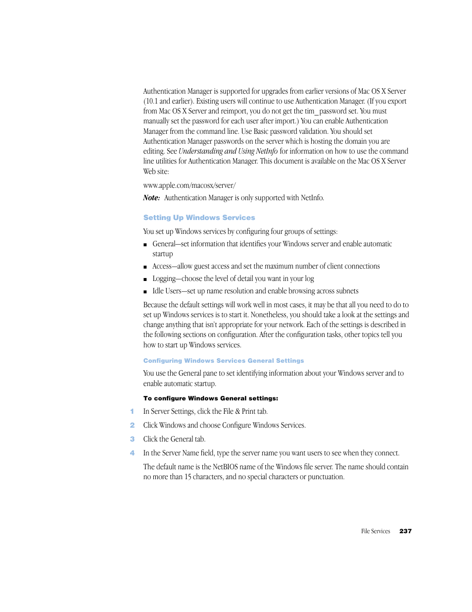 Setting up windows services, Setting up windows services 237, Configuring windows services general settings 237 | Apple Mac OS X Server (Administrator’s Guide) User Manual | Page 237 / 622