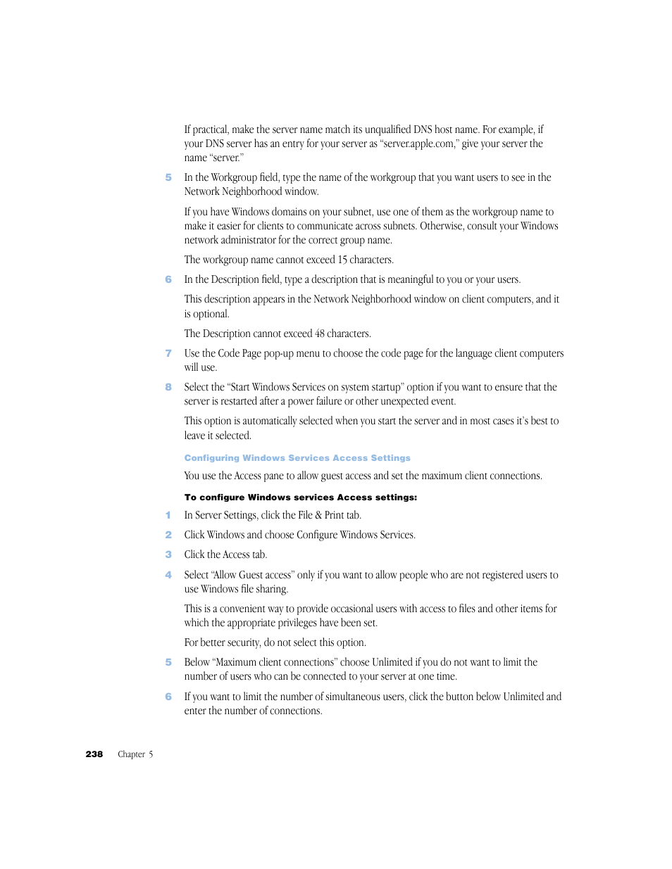 Configuring windows services access settings 238 | Apple Mac OS X Server (Administrator’s Guide) User Manual | Page 238 / 622