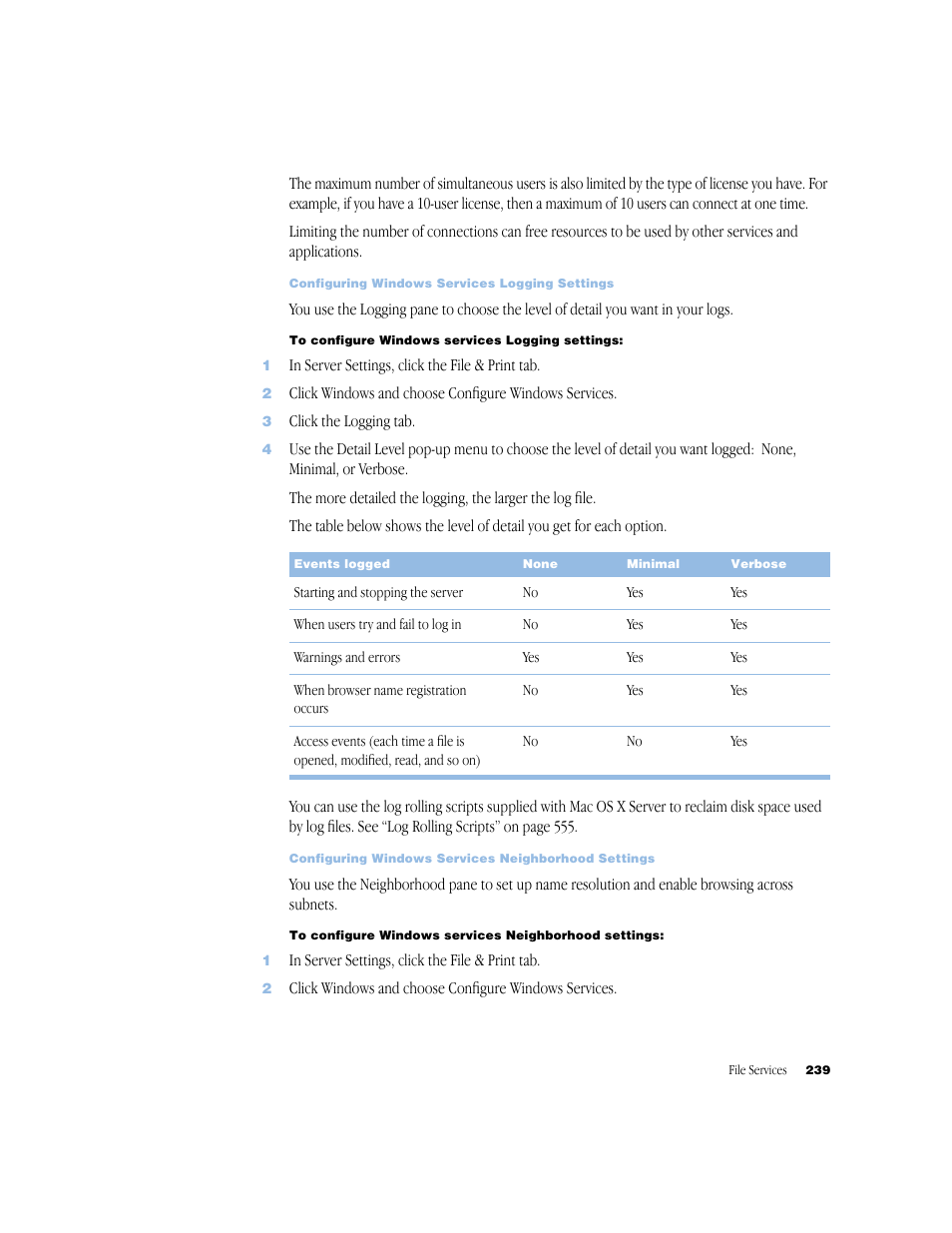 Configuring windows services logging settings 239 | Apple Mac OS X Server (Administrator’s Guide) User Manual | Page 239 / 622