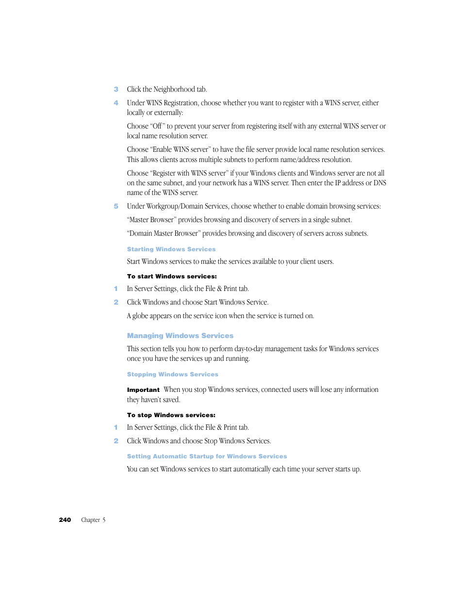 Managing windows services, Starting windows services 240, Managing windows services 240 | Stopping windows services 240, Setting automatic startup for windows services 240 | Apple Mac OS X Server (Administrator’s Guide) User Manual | Page 240 / 622