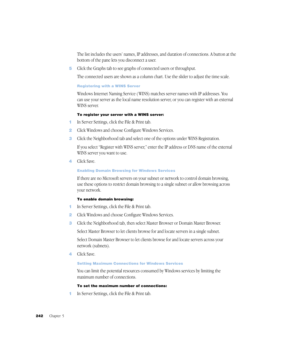 Registering with a wins server 242, Enabling domain browsing for windows services 242 | Apple Mac OS X Server (Administrator’s Guide) User Manual | Page 242 / 622