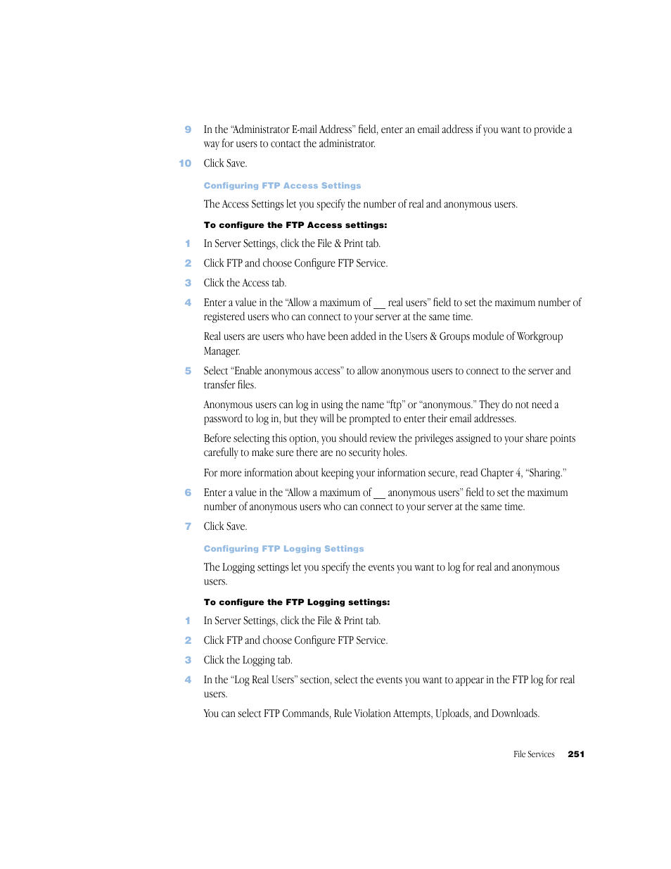 Configuring ftp access settings 251, Configuring ftp logging settings 251 | Apple Mac OS X Server (Administrator’s Guide) User Manual | Page 251 / 622