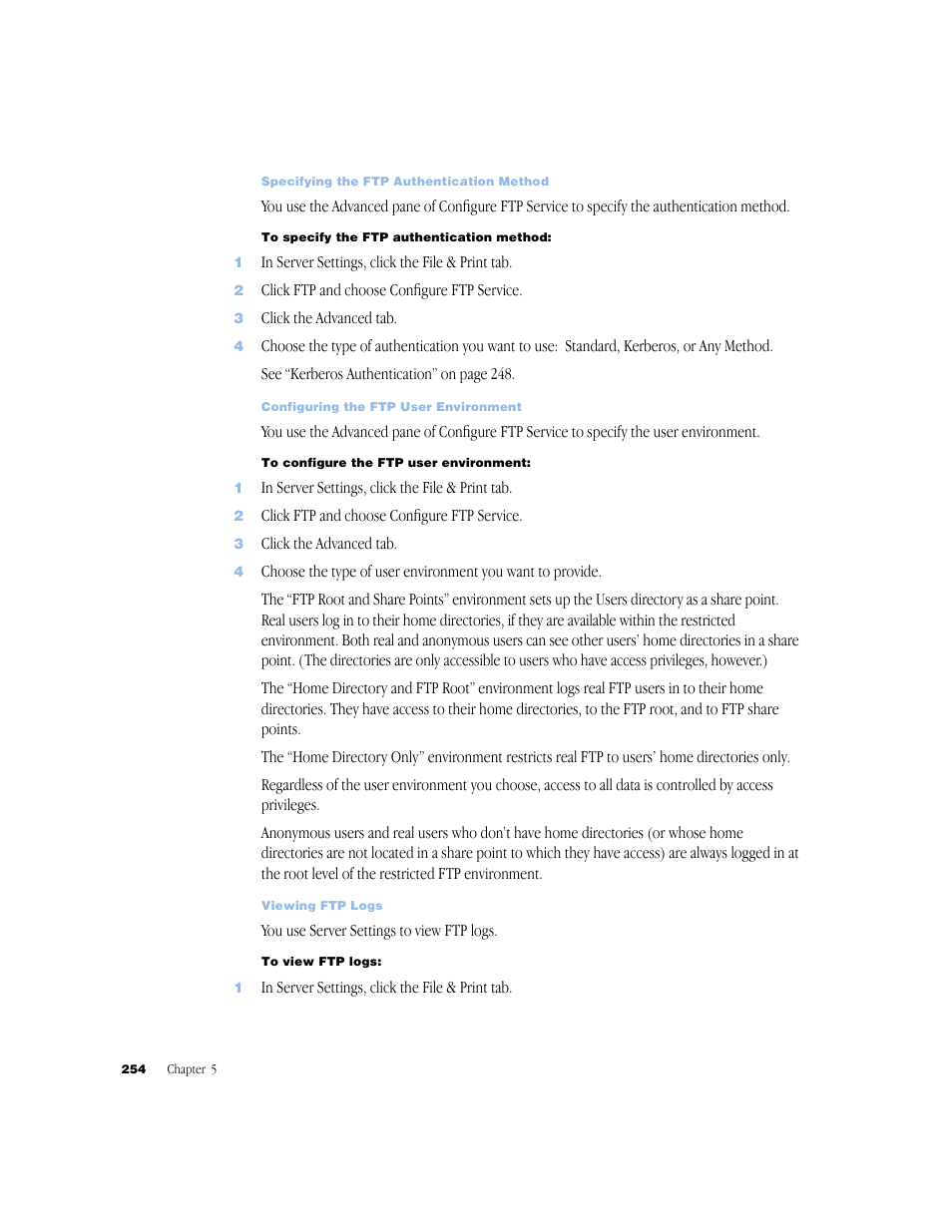 Specifying the ftp authentication method 254, Configuring the ftp user environment 254, Viewing ftp logs 254 | Apple Mac OS X Server (Administrator’s Guide) User Manual | Page 254 / 622