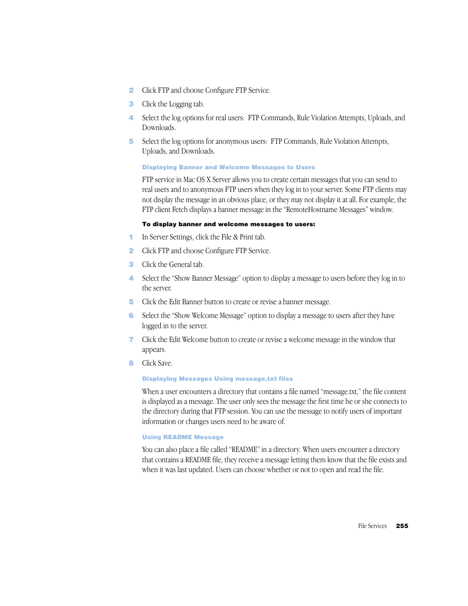 Displaying messages using message.txt files 255, Using readme message 255 | Apple Mac OS X Server (Administrator’s Guide) User Manual | Page 255 / 622