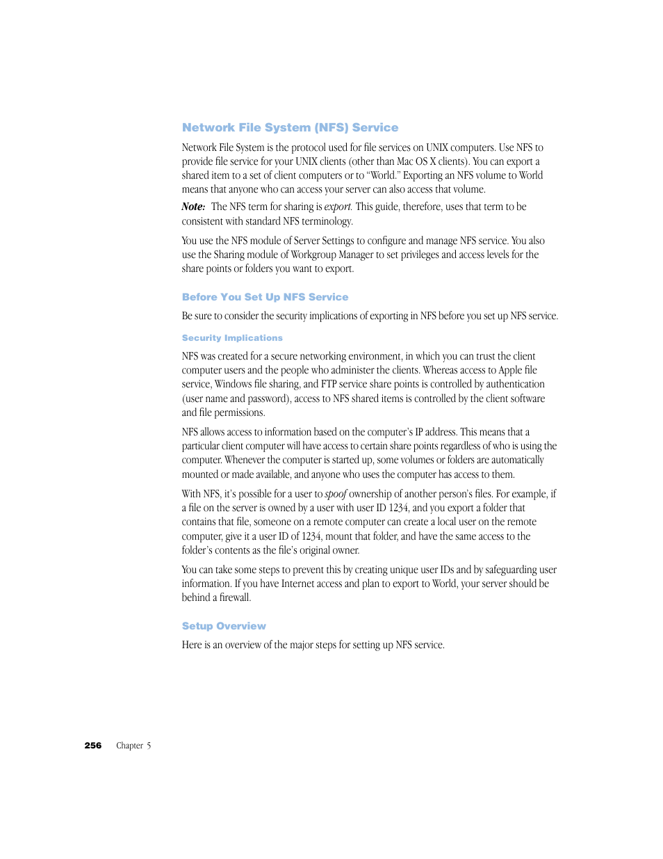 Network file system (nfs) service, Before you set up nfs service, Setup overview | Network file system (nfs) service 256, Before you set up nfs service 256, Security implications 256, Setup overview 256 | Apple Mac OS X Server (Administrator’s Guide) User Manual | Page 256 / 622