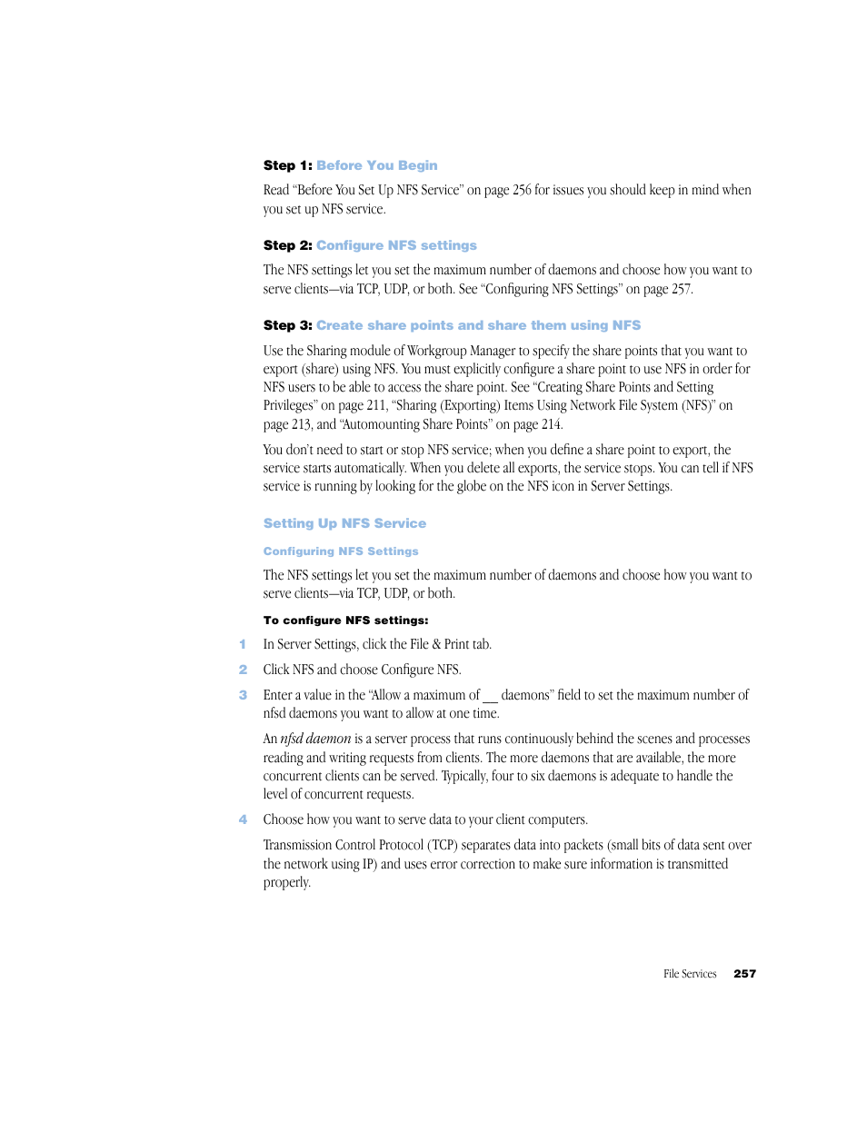 Step 1: before you begin, Step 2: configure nfs settings, Setting up nfs service | Setting up nfs service 257, Configuring nfs settings 257 | Apple Mac OS X Server (Administrator’s Guide) User Manual | Page 257 / 622