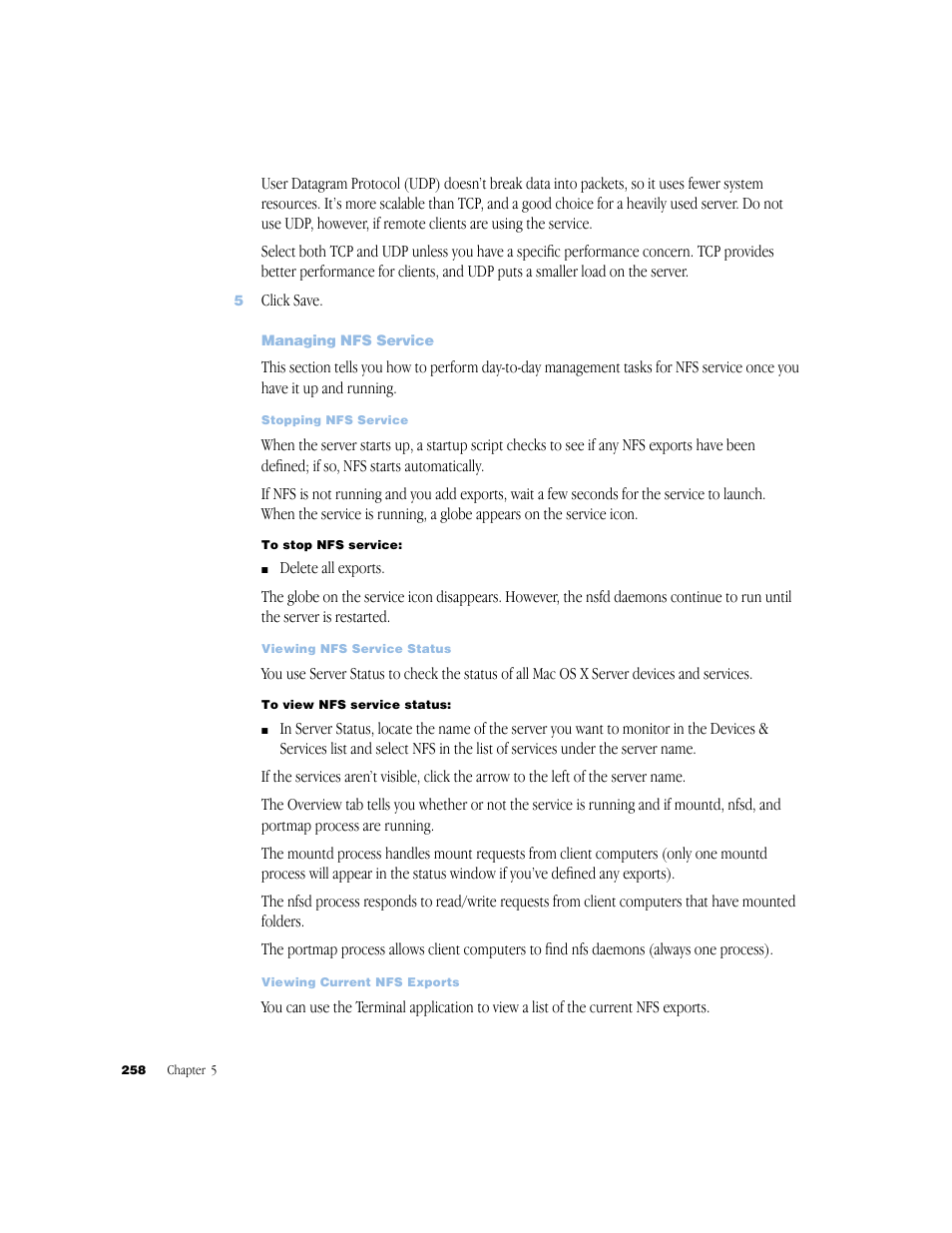 Managing nfs service, Managing nfs service 258, Stopping nfs service 258 | Apple Mac OS X Server (Administrator’s Guide) User Manual | Page 258 / 622