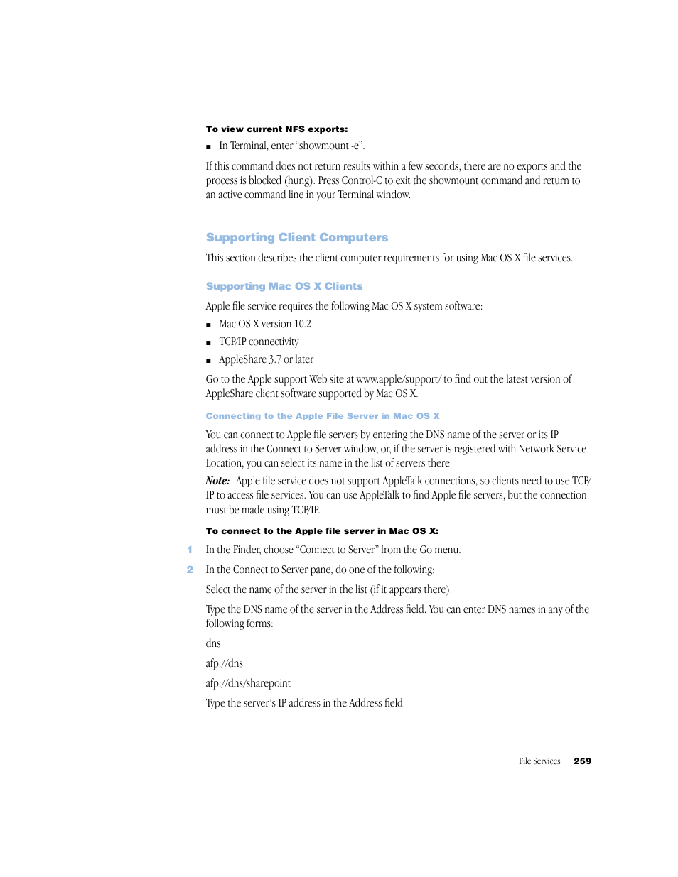 Supporting client computers, Supporting mac os x clients | Apple Mac OS X Server (Administrator’s Guide) User Manual | Page 259 / 622