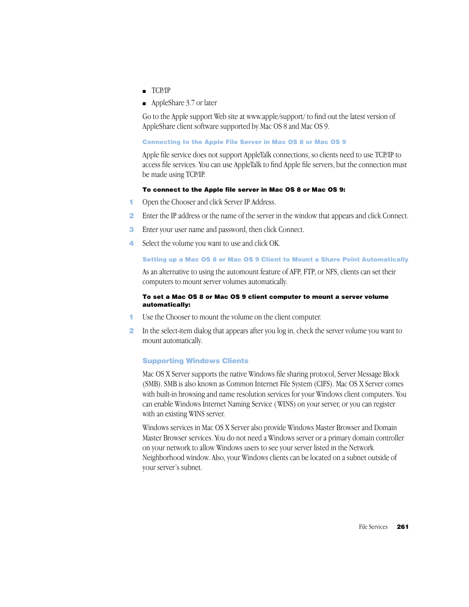 Supporting windows clients | Apple Mac OS X Server (Administrator’s Guide) User Manual | Page 261 / 622