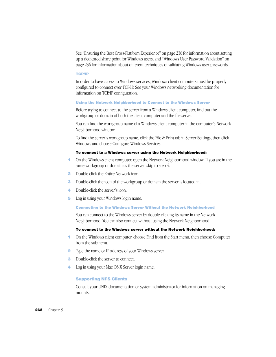 Supporting nfs clients | Apple Mac OS X Server (Administrator’s Guide) User Manual | Page 262 / 622