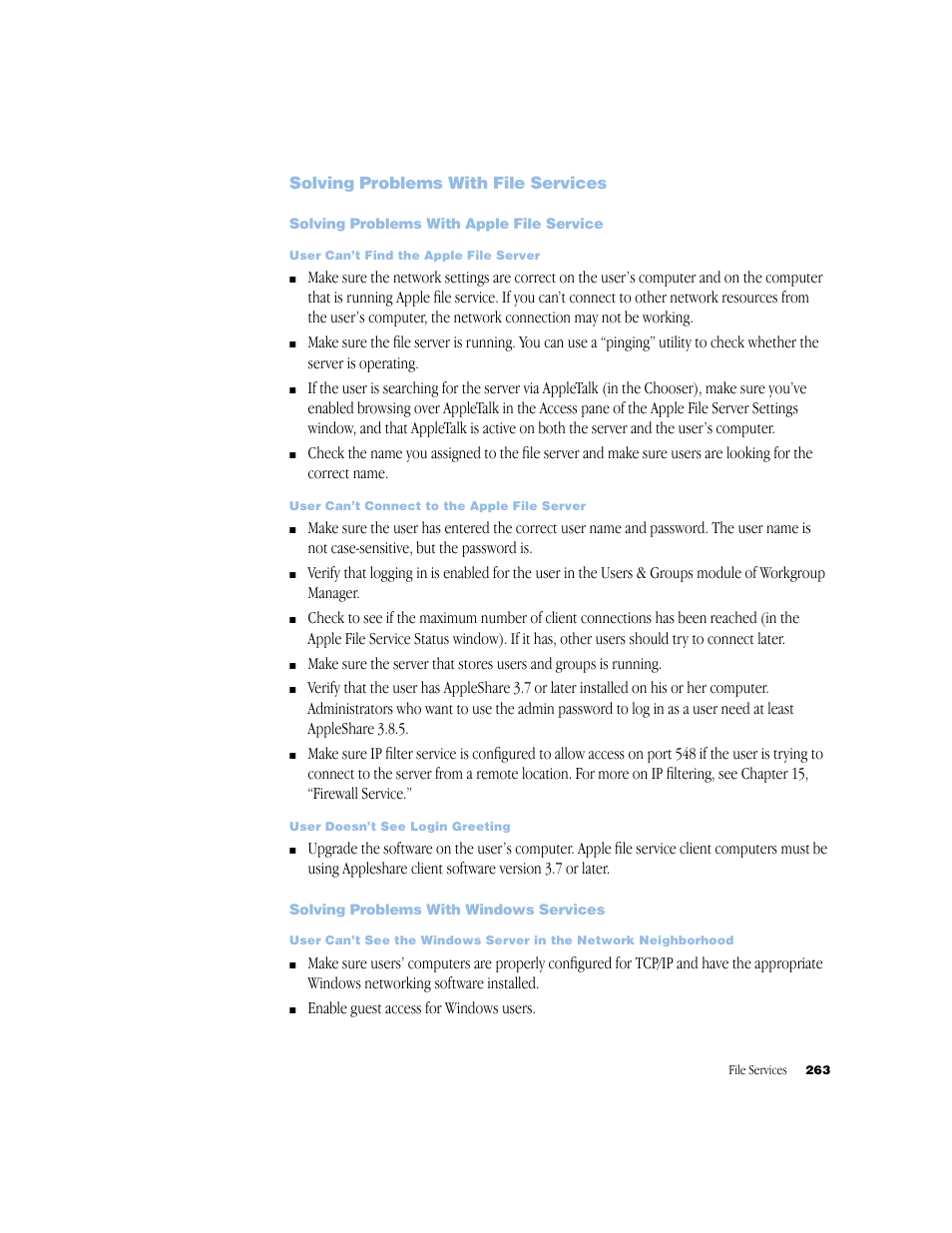 Solving problems with file services, Solving problems with apple file service, Solving problems with windows services | Apple Mac OS X Server (Administrator’s Guide) User Manual | Page 263 / 622