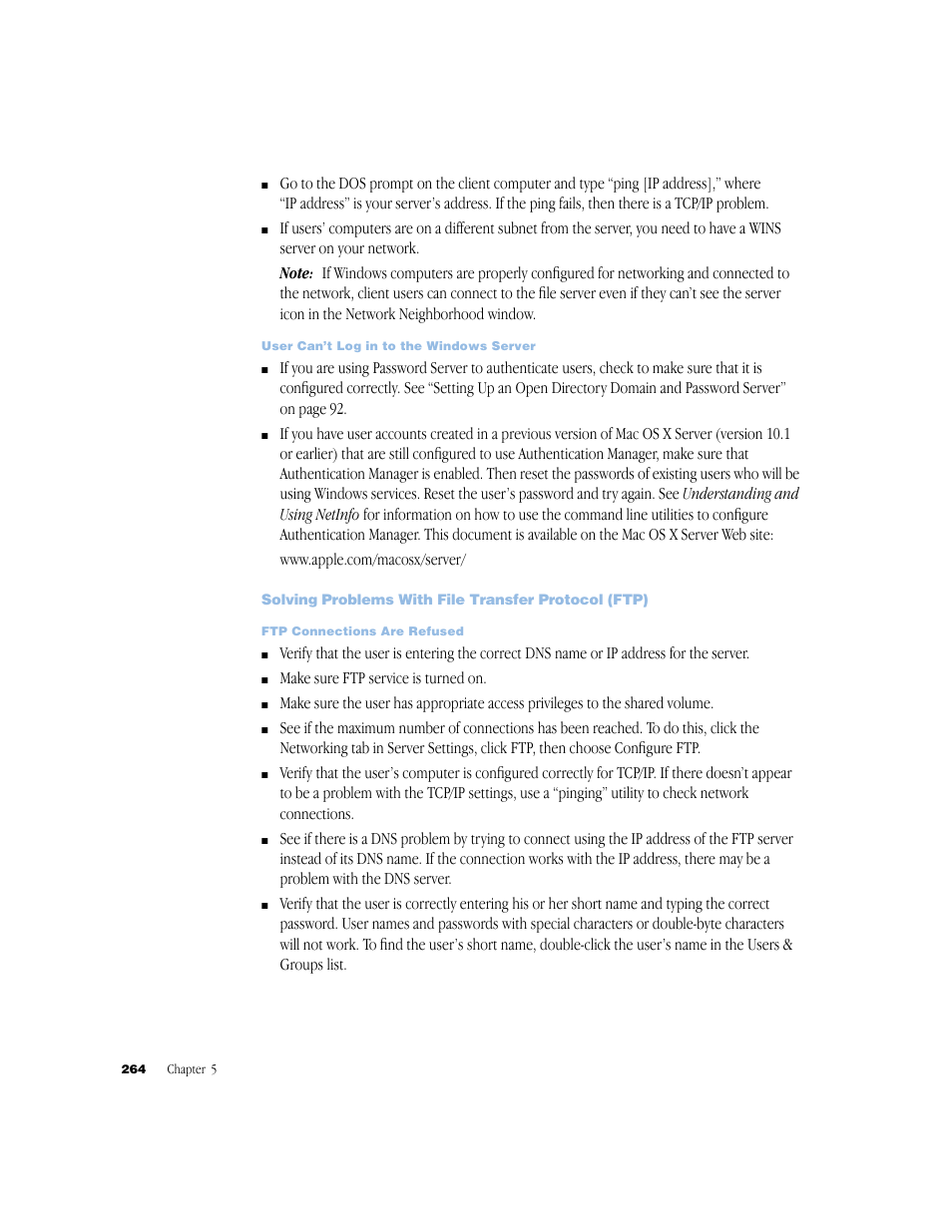 Solving problems with file transfer protocol (ftp) | Apple Mac OS X Server (Administrator’s Guide) User Manual | Page 264 / 622