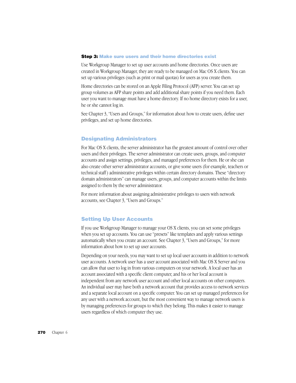 Designating administrators, Setting up user accounts | Apple Mac OS X Server (Administrator’s Guide) User Manual | Page 270 / 622