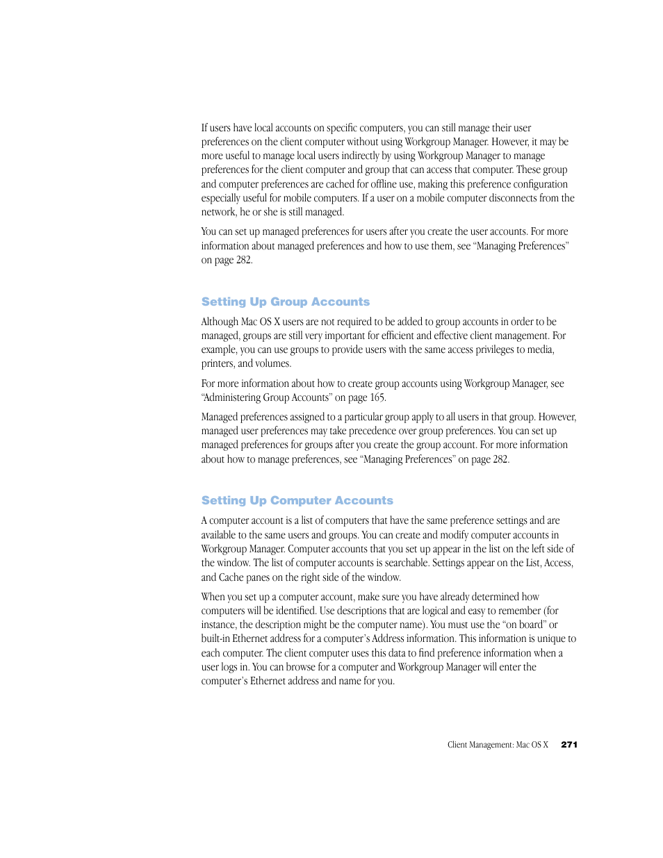 Setting up group accounts, Setting up computer accounts | Apple Mac OS X Server (Administrator’s Guide) User Manual | Page 271 / 622