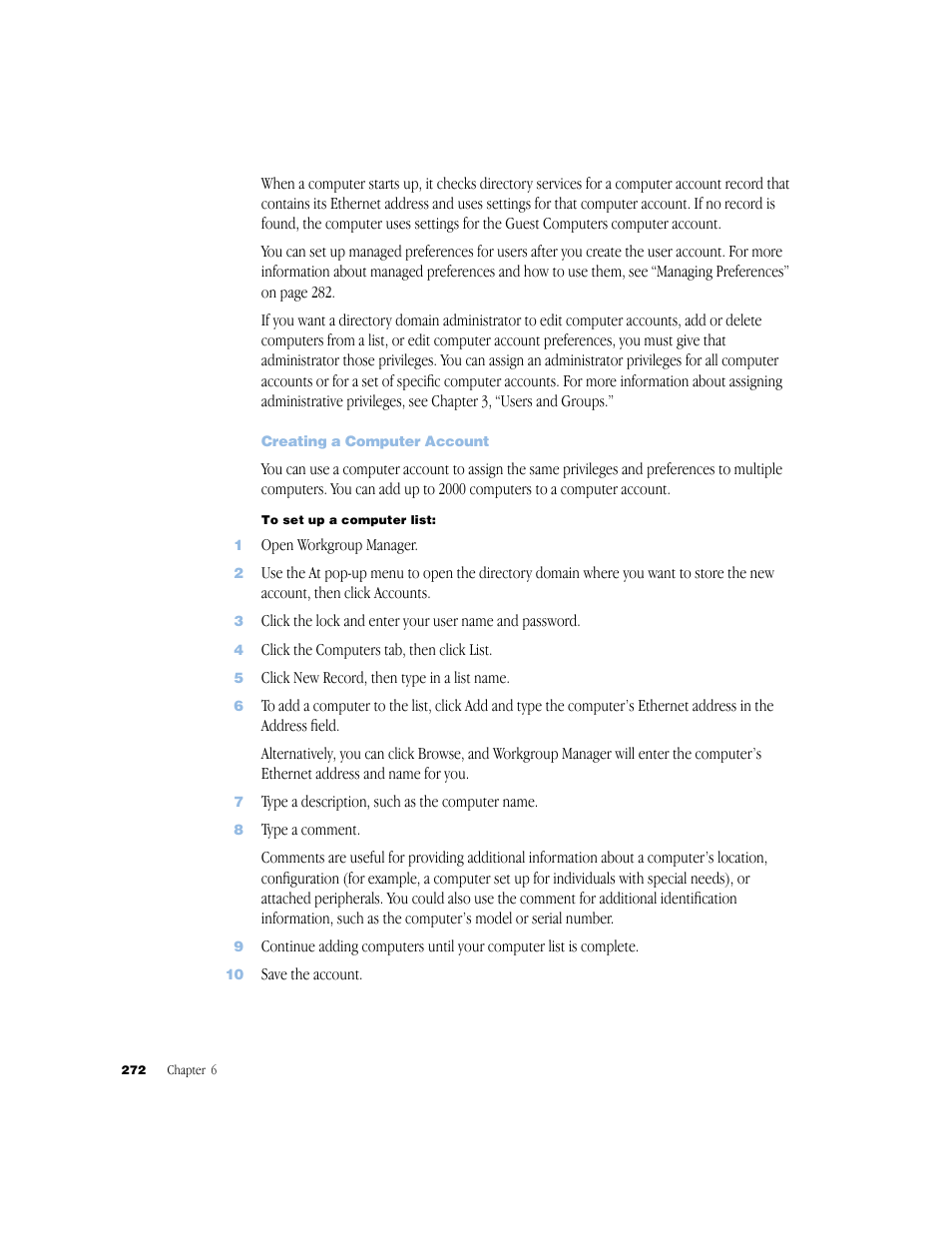 Creating a computer account | Apple Mac OS X Server (Administrator’s Guide) User Manual | Page 272 / 622