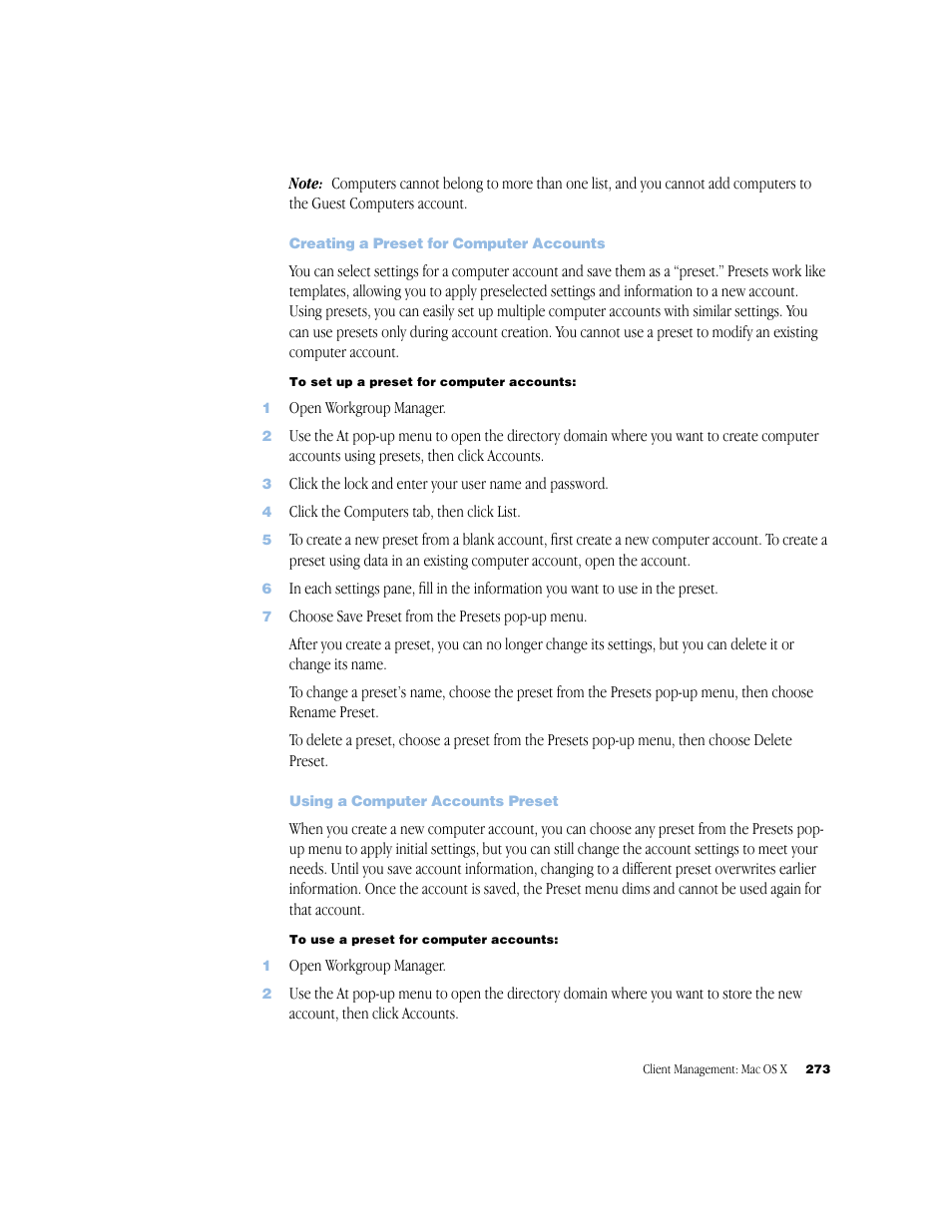 Creating a preset for computer accounts, Using a computer accounts preset | Apple Mac OS X Server (Administrator’s Guide) User Manual | Page 273 / 622