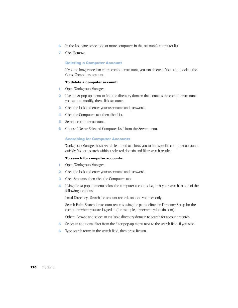 Deleting a computer account, Searching for computer accounts | Apple Mac OS X Server (Administrator’s Guide) User Manual | Page 276 / 622