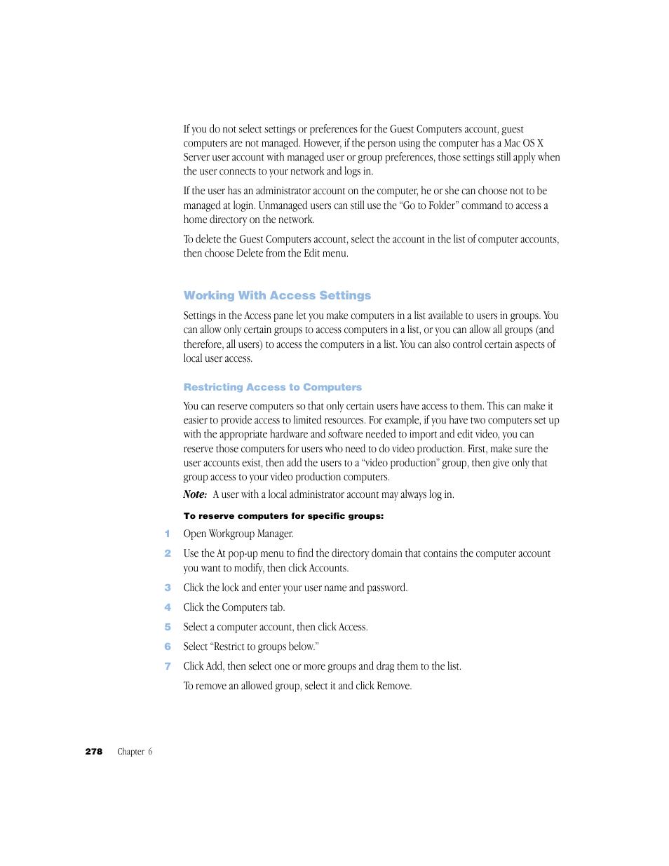 Working with access settings, Restricting access to computers | Apple Mac OS X Server (Administrator’s Guide) User Manual | Page 278 / 622