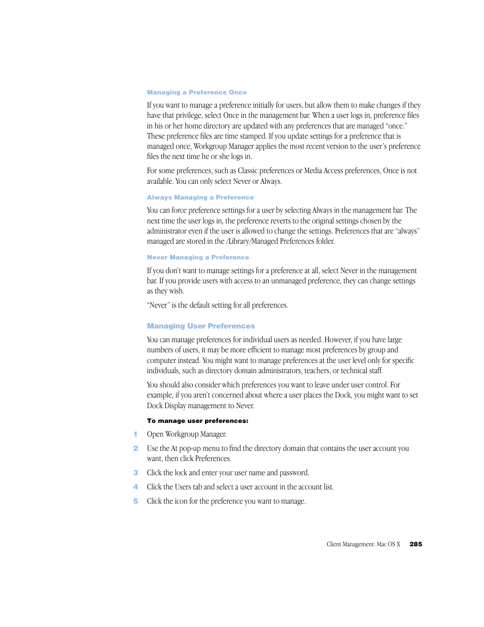 Managing user preferences | Apple Mac OS X Server (Administrator’s Guide) User Manual | Page 285 / 622
