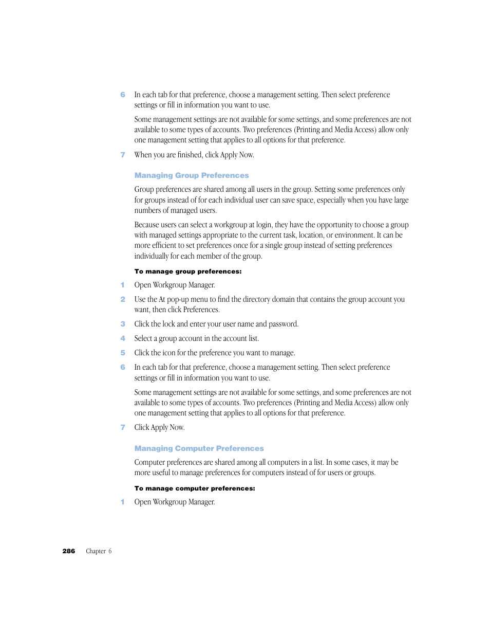 Managing group preferences, Managing computer preferences | Apple Mac OS X Server (Administrator’s Guide) User Manual | Page 286 / 622