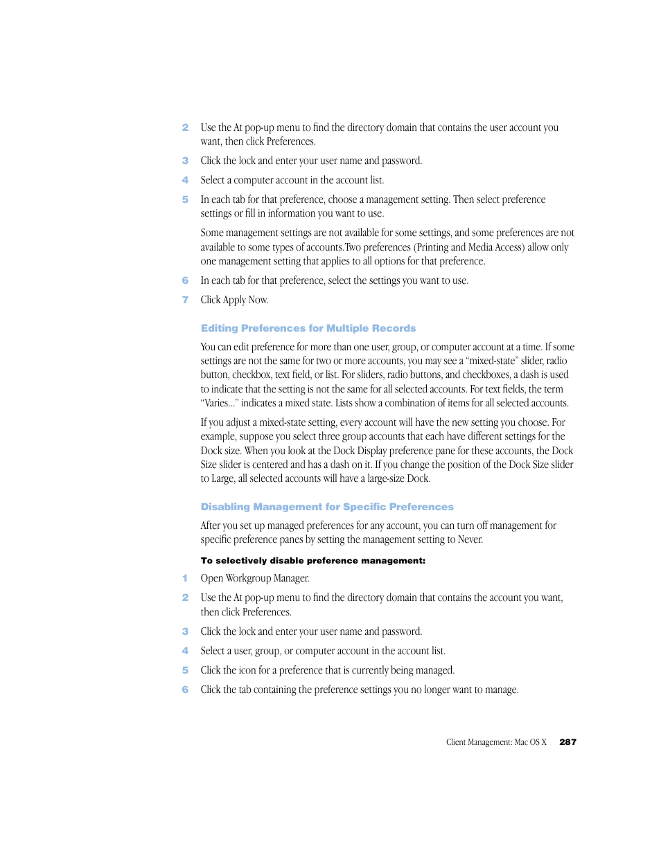 Editing preferences for multiple records, Disabling management for specific preferences | Apple Mac OS X Server (Administrator’s Guide) User Manual | Page 287 / 622