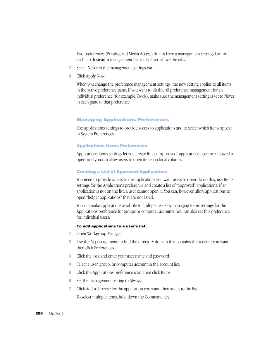 Managing applications preferences, Applications items preferences, Creating a list of approved applications | Apple Mac OS X Server (Administrator’s Guide) User Manual | Page 288 / 622