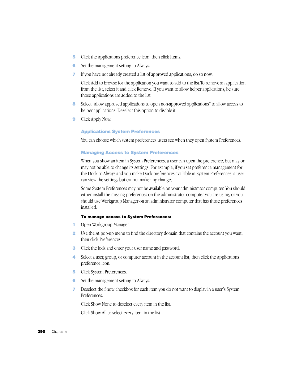 Applications system preferences, Managing access to system preferences | Apple Mac OS X Server (Administrator’s Guide) User Manual | Page 290 / 622