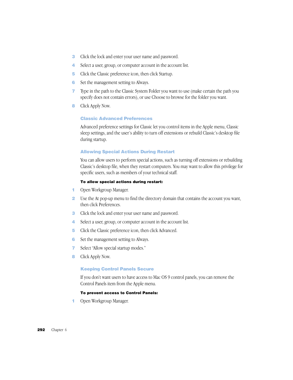 Classic advanced preferences, Allowing special actions during restart, Keeping control panels secure | Apple Mac OS X Server (Administrator’s Guide) User Manual | Page 292 / 622