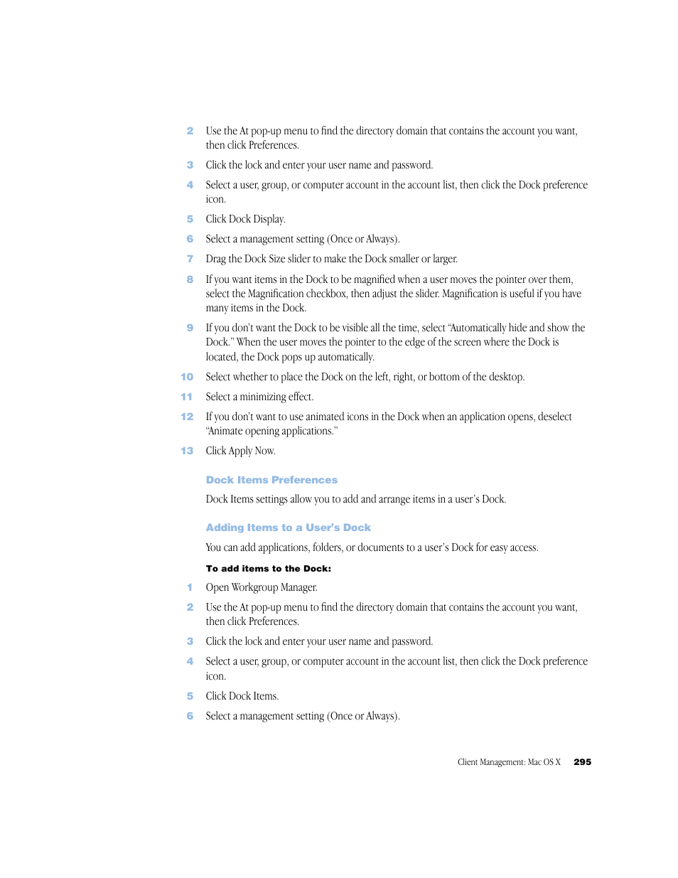 Dock items preferences, Adding items to a user’s dock | Apple Mac OS X Server (Administrator’s Guide) User Manual | Page 295 / 622