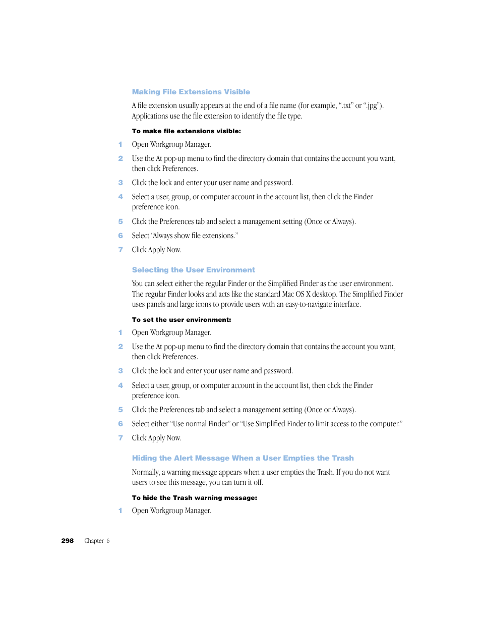 Making file extensions visible, Selecting the user environment | Apple Mac OS X Server (Administrator’s Guide) User Manual | Page 298 / 622